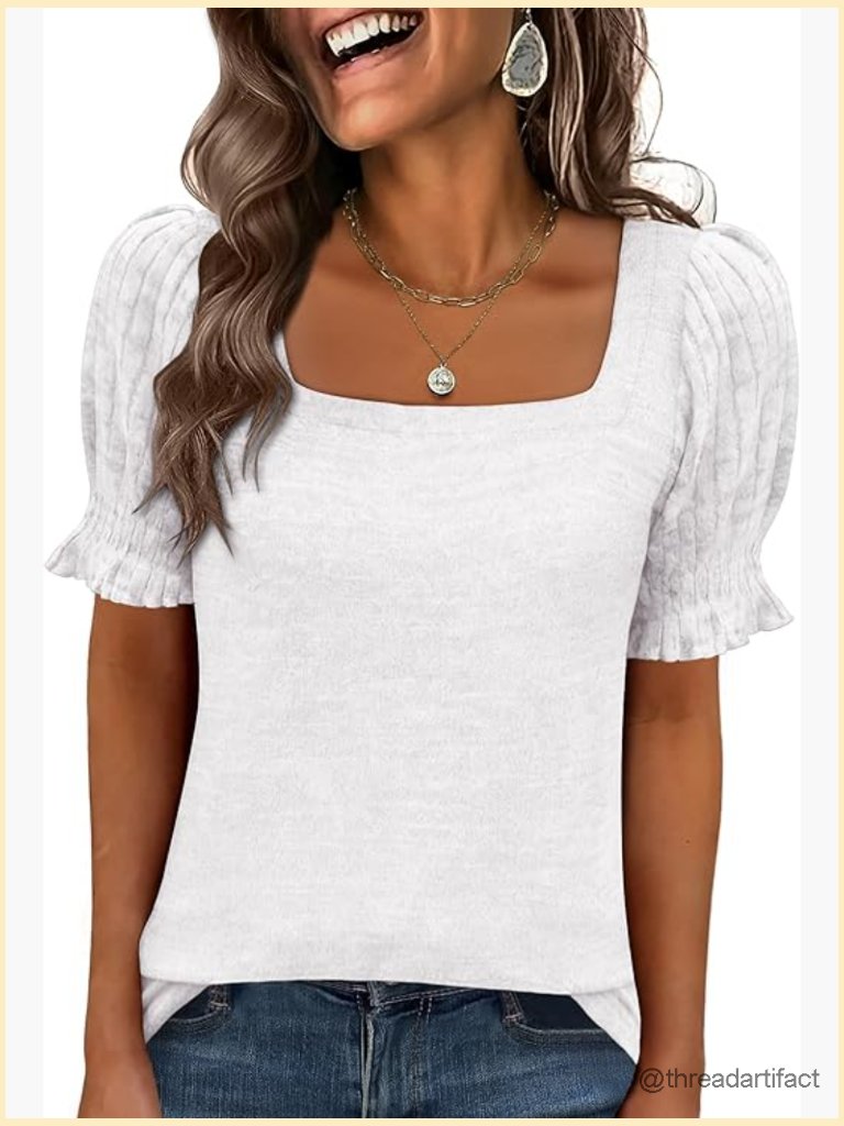 Square Neck Ruffle Short Sleeve Tunic Blouse Dressy Casual Work Tee